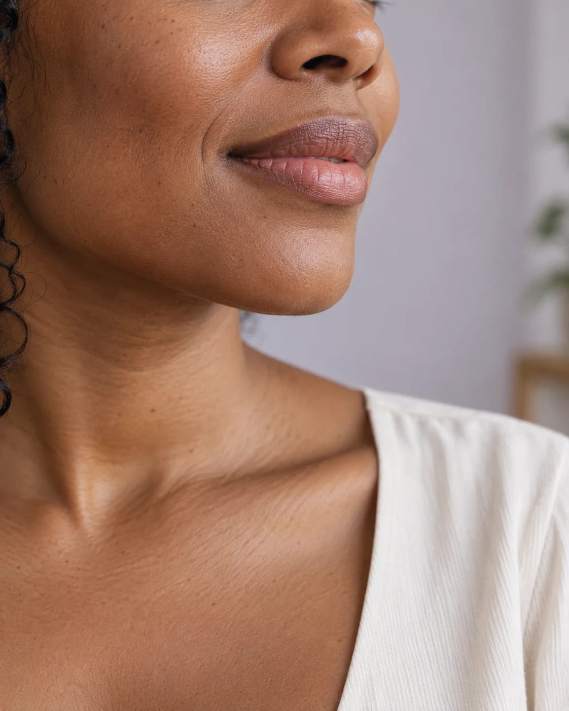 Editorial close-up of natural lips, cheek and chin