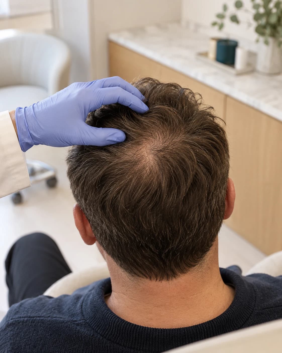 Illustrative assessment of an adult man's scalp and hair
