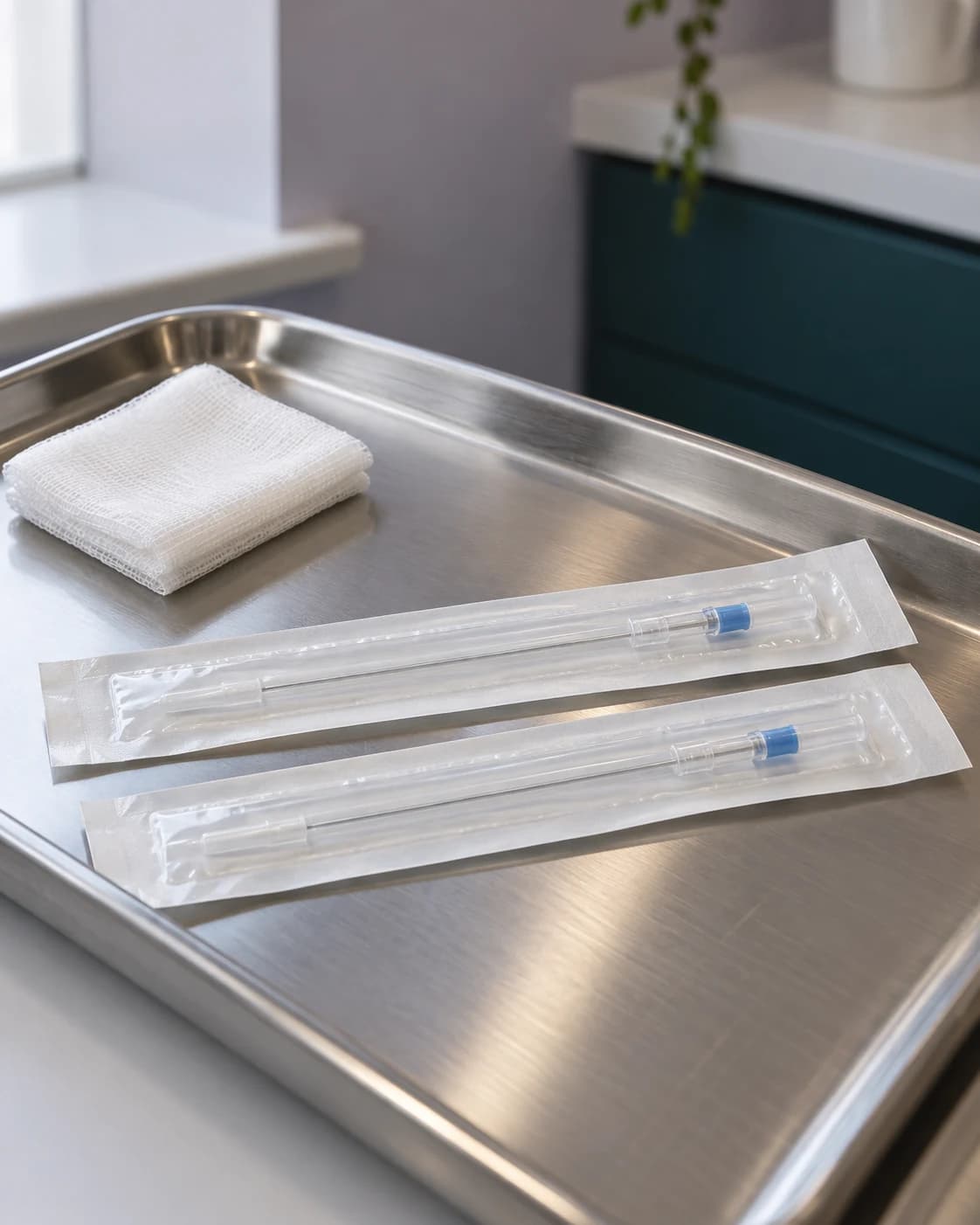 Illustrative sealed instruments and gauze prepared on a clinical tray
