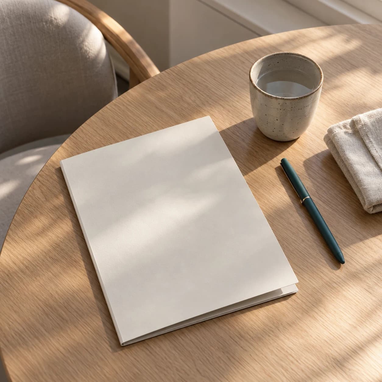 Illustrative aftercare folder and water on an oak table