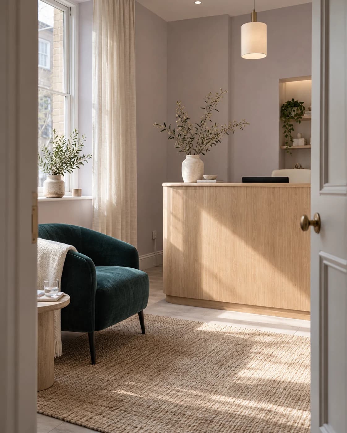 Illustrative reception nook with oak furniture and a teal chair