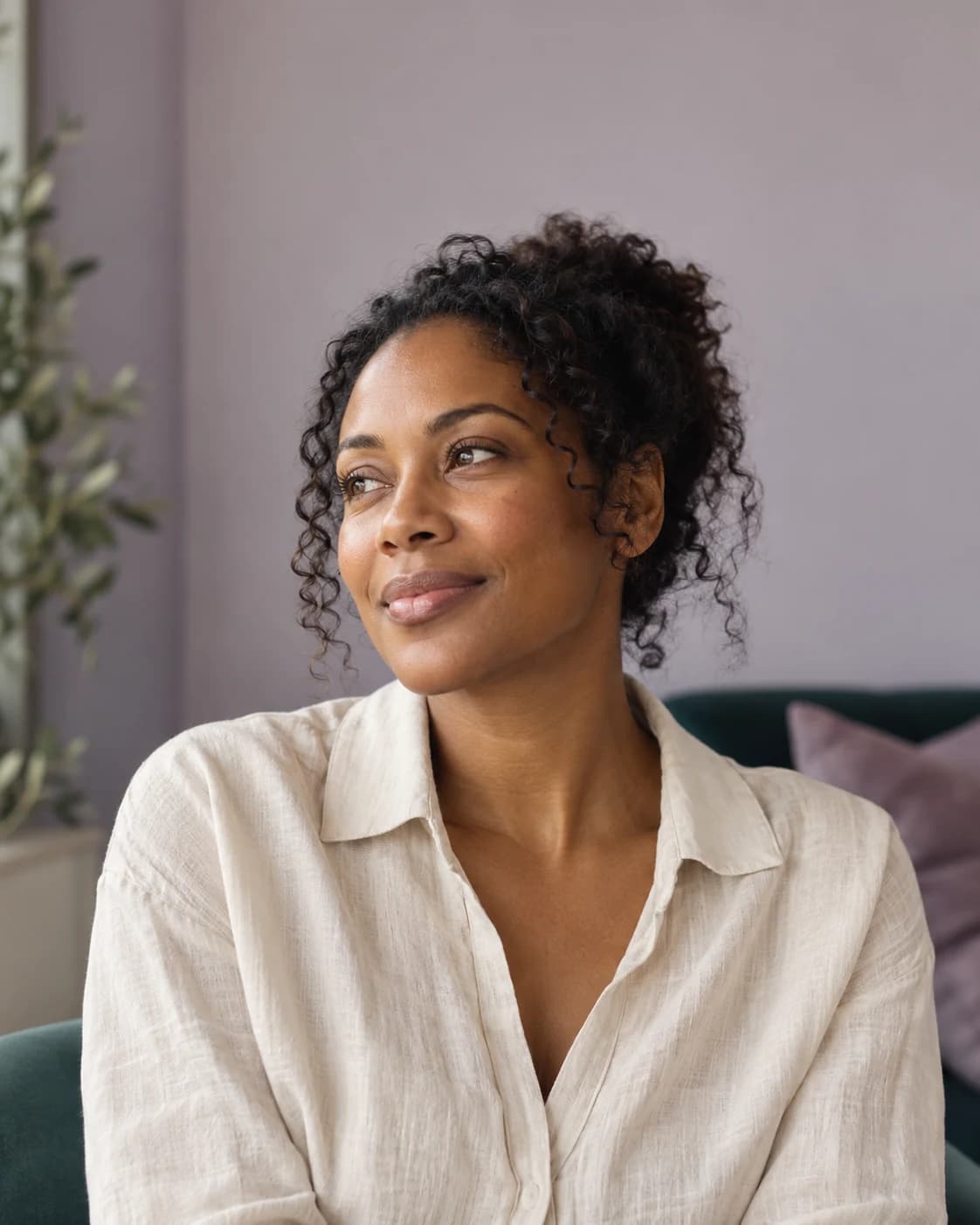 Editorial portrait of a woman with natural curls in soft window light
