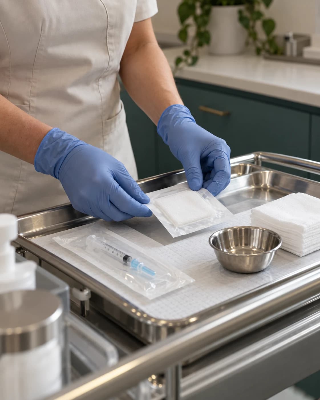 Illustrative preparation of sealed supplies on a clinical tray