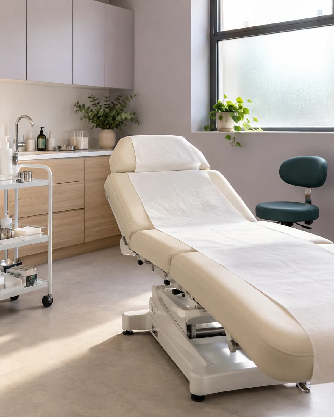 Illustrative treatment room with an examination couch and clinical trolley